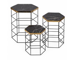 Bijzettafel Set van 3 – Zwarte Metalen Draadmand Tafels met Marmerlook Tafelblad – Ronde Salontafels met Opbergruimte voor Woonkamer en Slaapkamer – Zwart/Goud