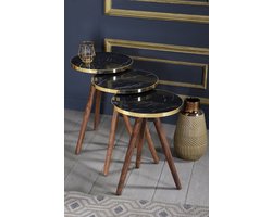 Bijzettafel set van 3 zwart/goud marmer look met houtkleurige poten