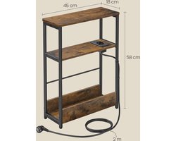 Bijzettafel - Sidetable - Eindtafel - Koffietafel - Lectuurbak - Met stopcontact en USB - Industrieel - Hout en metaal - Bruin/Zwart - 18x45x58cm
