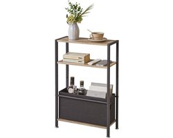 Bijzettafel smal – Kleine eiken grijze tafel met 3 niveaus en stoffen mand, ideaal voor kleine ruimtes