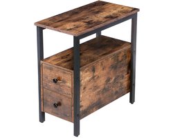 Bijzettafel, smal nachtkastje, industriële salontafel, nachtkastje met 2 laden, nachtkastje voor kleine ruimtes, accentmeubels in houtlook, donkerbruin