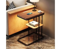 bijzettafel, smalle salontafel met 2 planken, marmerlook, metalen frame, kleine salontafel, koffietafel, Scandinavische stijl voor woonkamer, slaapkamer en laptop (bruin)