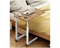 Bijzettafel - Tafeltje - Salontafels - Bedtafeltje met Wielen - Sidetable - Bijzettafels met Wielen - In Hoogte Verstelbare Laptopstandaard - Serveertafel - MDF Atlantisch Grenen (MET WIELEN) - Ovale Rand Witte Voet - 60x40 cm