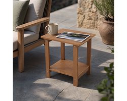 Bijzettafel tuin 2-laags - teaklook HIPS kunststof houtlook salontafel en balkontafel voor terras, veranda en loungehoek, weerbestendig en onderhoudsarm buitenmeubel met extra opbergruimte, compact design en outdoor living, 41 x 32 x 42,5 cm