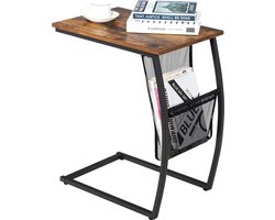 Bijzettafel van hout, metaal met zijvak, laptoptafel, C-vormig, koffietafel, industrieel design, bedtafel voor bank, bed, woonkamer, slaapkamer, 52 x 35 x 63 cm (1)