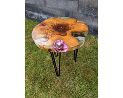 Bijzettafel van Teak hout en ingegoten Bloemen en Vlinders in Epoxy- Ø39x55cm - meubels - bijzettafel