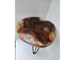 Bijzettafel van teak hout en ingegoten bloemen in Epoxy giethars - Ø37x46cm - Meubels - Bijzettafel