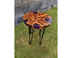 Bijzettafel van Teak hout in paarse Epoxy giethars gegoten - Ø39x55cm - meubels - bijzettafel