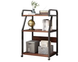 Bijzettafel, Verrijdbare printertafel met 3 opbergplanken en wieltjes, industriële bijzettafel voor printer/scanner/fax, bruin 99x40x55 cm, thuiskantoor opbergwagen