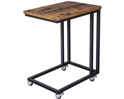 Bijzettafel, verrijdbare tafel, salontafel, opbergtafel, stevige metalen frame, voorzien van wieltjes voor eenvoudige verplaatsing, geschikt voor woonkamer, slaapkamer of balkon, 50 x 35 x 62 cm, bruin + zwart