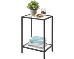 Bijzettafel, vierkante salontafel, banktafel, glazen tafel, metalen frame, van gehard glas, transparant, voor woonkamer, balkon, kantoor, zwart