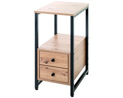 Bijzettafel – Zwart staal met eiken spaanplaat – Met 2 lades – Modern design – 50 cm breed, 40 cm diep, 55 cm hoog