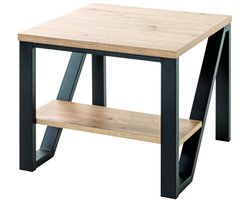 Bijzettafel – Zwart staal met licht eiken MDF – 55 cm breed, 55 cm diep, 48 cm hoog – Industrieel design