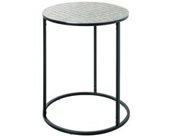 Bijzettafel – Zwart staal met zilveren aluminium plank – 46 cm diameter, 60 cm hoog – Industrieel design