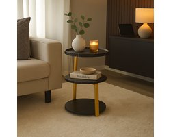 Bijzettafel Zwart Wit Marmerlook -Goud Metaalframe – 3 Plateau’s – Luxe Design – H60cm