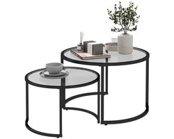 Bijzettafels – Salontafels – Sidetables – Nachtkastjes – Banktafels – Set van 2 Ronde Tafels – Geharde Glazen Tafelbladen – Zwart Carbonstaal Frame
