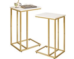 Bijzettafels voor de woonkamer, bedtafel, laptoptafel, bijzettafel, geschikt voor slaapkamer, woonkamer, witte marmerkleur, houten planken met gouden metalen frame, 2 stuks
