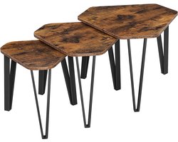 bijzettafelset, 3 st. nachtkastjes, salontafels, met metalen poten, eenvoudige constructie, industrieel ontwerp, vintage bruin-zwart LNT14BX
