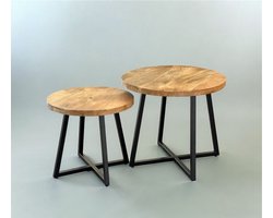 Bijzettafelset – Set van 2 – Rond Mangohout & Metaal – Industrieel Design met Kruisframe