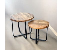 Bijzettafelset – Set van 2 – Ronde Tafelset Mangohout & Zwart Metaal – Industrieel Design