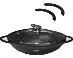 BIKO - Wokpan Inductie met deksel PFAS VRIJ- Wokpannen - Marmeren coating - Glazen deksel - Wadjan - Zwart Ø 36 cm