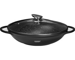 BIKO - Wokpan Inductie met deksel - Wokpannen - Marmeren coating - Glazen deksel - Wadjan - Zwart Ø 28 cm