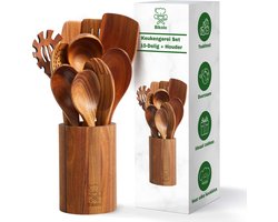 Bikolo® Houten Keukengerei Set 10-Delig + Houder - Houten Spatel - Soeplepel - Opscheplepel - Schuimspaan - Pollepel - Keukenset - Spatelset - Bakspatel - Spatelpot