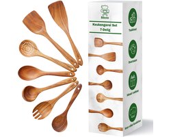 Bikolo® Houten Keukengerei Set 7-Delig - Houten Spatel - Soeplepel - Opscheplepel - Schuimspaan - Pollepel - Keukenset - Spatelset - Kookgerei Set - Bakspaan