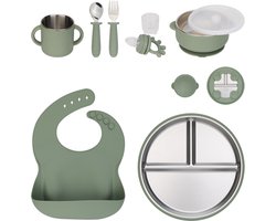 BIMOU 11-delig kinderservies – RVS & siliconen, BPA-vrij – Duurzaam kraamcadeau – Inclusief bord, bestek, drinkbeker & slab – Vanaf 6 maanden