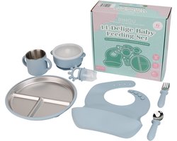 BIMOU 11-delig kinderservies set - Kinderservies - RVS & Siliconen - Duurzaam - Blauw - Kinderservies - BPA-vrij – Kraamcadeau - Met Slab, Bord, Bestek, Drinkbeker – Vanaf 6 Maanden
