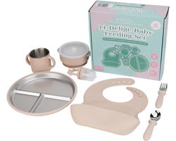 BIMOU - 11-delig set - Kinderservies - RVS - roze - Kinderbestek - BPA-vrij – Met Slab, Bord, Bestek, Drinkbeker – Vanaf 6 Maanden - Kraamcadeau