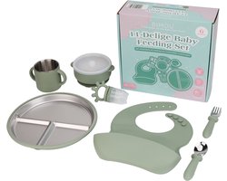BIMOU - 11-delig set - Kinderservies set - duurzaam- RVS & siliconen - Groen - kinderbestek - BPA-vrij – Met Slab, Bord, Bestek, Drinkbeker – Vanaf 6 Maanden - Kraamcadeau