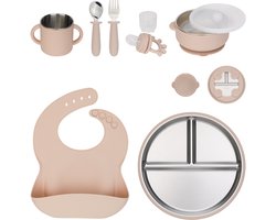 BIMOU - Kinderservies set - 11delig - RVS & Siliconen - Duurzaam & BPA vrij - Roze - Kinderservies - Met Slab, Bord, Bestek, Drinkbeker – Vanaf 6 M+ - Kraamcadeau