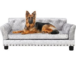 BingoPaw Groot hondenbed - Hondensofa - Hondencouch - Luxe fluwelen bekleding - Lounge bed voor grote honden - Houten frame verhoogde puppy sofa stoel met comfortabele kussenmat grijs - L 96X70cm