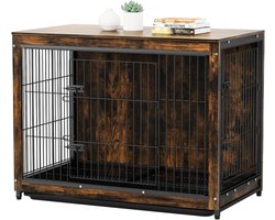 Bingopaw Houten Hondenkrat Meubels - Grote Houten Top Binnenhuis Huisdierkennel Kooien Eindtafel - met Dubbele Deur en Uitneembare Lade voor Middelgrote Honden Puppy Rustiek Bruin - 97.5x59x75cm