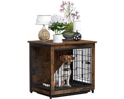 Bingopaw Houten Hondenkrat Meubilair - Kleine Decoratieve Houten Top Binnenhuis Huisdierkennel Kooi Eindtafel - met Dubbele Deur en Uitneembare Dienblad voor Kleine Puppy Kat Rustiek Bruin - 63x48.5x59cm