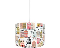 BINK Bedding Hanglamp/Lampenkap Adam 30 cm met gekleurde huisjes - print met huisjes - Hollandse huisjes - ecru - roze - peach - blue - grijs - mosterdgeel - kinderkamerverlichting - decoratie - slaapkamer