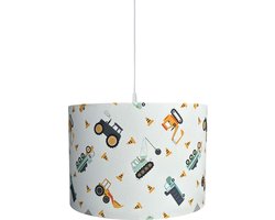 BINK Bedding Hanglamp/Lampenkap Bram 30cm inclusief pendel met toffe voertuigen in mintgroen, oranje en grijs op een ecru ondergrond - graafmachine - vrachtwagen - tractor - kinderkamerverlichting - jongens - bouw - werkmannen