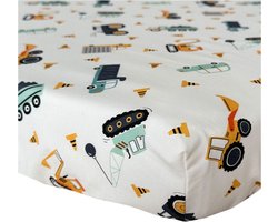BINK Bedding Hoeslaken Bram 60 x 120 cm - auto's - vrachtwagen - kiepwagen - tractor - werkvoertuigen - mintgroen - ecru - oranje - geel - grijs - katoen - jongens - peuter - kleuter - hoeslaken kinderbed - kinderhoeslaken - hoeslaken met print
