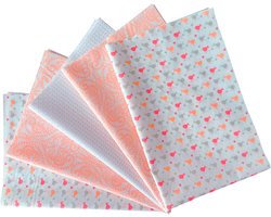 BINK Bedding Katoenen Lapjes Birdie - Set van 5 Patchwork Stoffen - 100% Katoen - 60 x 40 cm - Neon Oranje, Neon Roze, Fuchsia & Grijs - Quilt & Hobbystof