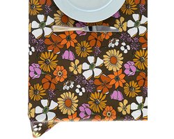 BINK Bedding Tafelkleed - Tafelzeil Flower Power - Acryl gecoat Katoen 300 x 145 cm - afneembaar - wasbaar - feest - feestdecoratie - kinderfeestje - verjaardag - buiten eten - bloemen - bruin - oranje - lila - wit - groen