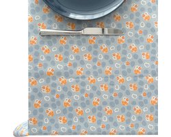 BINK Bedding Tafelkleed - Tafelzeil Turtle Orange - Acryl gecoat Katoen 145 x 250 cm - afneembaar - wasbaar - feest - feestdecoratie - kinderfeestje - verjaardag - buiten eten - schildpad - appel - oranje - blauw