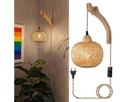Binnen Wandlamp - Vintage Wandlamp met Stekker en Schakelaar - E27 Retro Bamboe Lantaarn Rotan Nachtkastlamp - Voor Slaapkamer Woonkamer - Zonder Gloeilamp