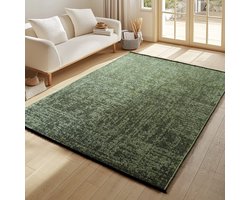 Binnenkleed, gemarmerd patroon, groene kleur, katoenen chenille, antislip, platgeweven. 200x290 cm