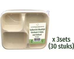 BIO Wegwerp Maaltijdbak - van Suikerriet - Vierkante - 3-Vaks - met Suikerriet Deksel - 23x20x4cm(H) - 30 Stuks - Compartimenten Bakje - Magnetronbestendig - Composteerbaar - Lunchbox / Meal Prep