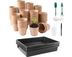 Biologisch afbreekbare plantenpotten en -dienbladen Kit - Kleine zaailingenpotten - Vezelpotten - Kartonpot - 100Pack 6cm composteerbare plantenpotten met etiketten - 4 zaadbakken zonder afvoergaten
