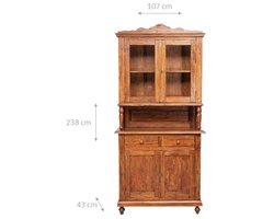 BISCOTTINI Buffetkast - Keukenkast Massief Lindehout - Notenhouten afwerking - Countrystijl Vitrinekast 238x107x43 cm - Rustieke Kast