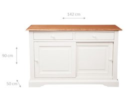BISCOTTINI Dressoir met 2 schuifdeuren en 2 laden COUNTRY V - Commode Massief Lindehout - Antiek Wit + Natuurlijke Top - 142x50x90 cm - TV-meubels