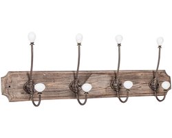 BISCOTTINI Wandkapstok - 4 Porseleinen Haken - Massief Hout En Smeedijzer - Antieke Afwerking - Muur Kapstok Hangend - 65x10x21cm-Voor Hal, Slaapkamer