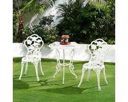 Bistro, 3-delig, balkonset, tuinset met stoelen, tuinmeubelset, twee krukken, tuinmeubelen in antieke stijl, gegoten aluminium, wit
